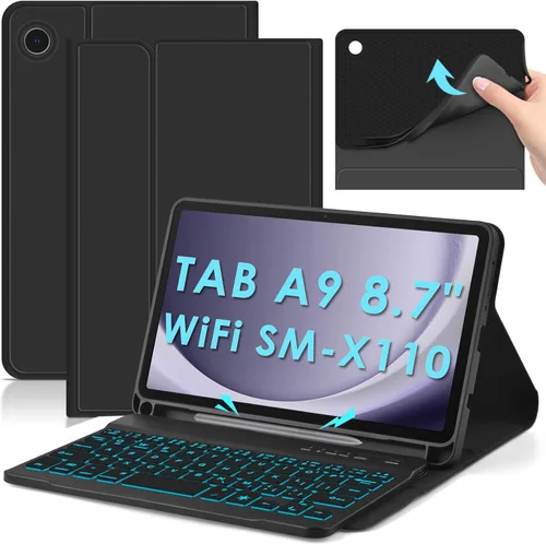 DETUOSI Funda con teclado retroiluminado para Samsung Galaxy Tab A9 8.7 pulgadas SM-X110 WiFi 2023 Android Tablet con S Pen Holder | TPU suave a