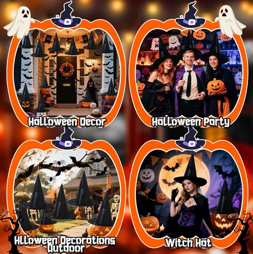Vista 3 de H-Style Decoraciones de Halloween para interiores y exteriores – 8 sombreros de bruja y 32 piezas de decoración de murciélagos 3D, sombrero