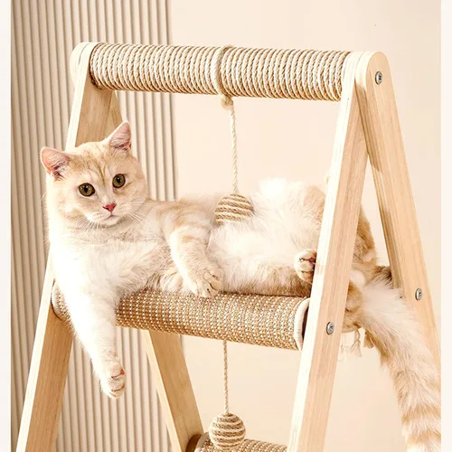 Vista 4 de SHENGOCASE - Torre de árbol para gatos de 3 niveles en forma de A, moderna, estructura de madera con escalera, cama con hamaca de varios niveles