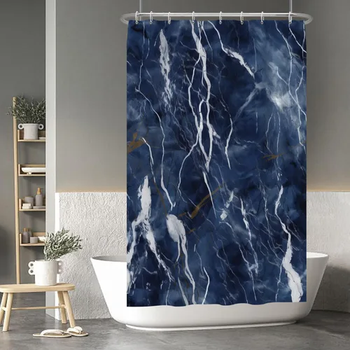 Vista 8 de Baocicco Cortina de ducha de mármol azul abstracto a rayas, decorativa, textura de lujo, línea moderna, decoración de acuarela, juego de cortinas