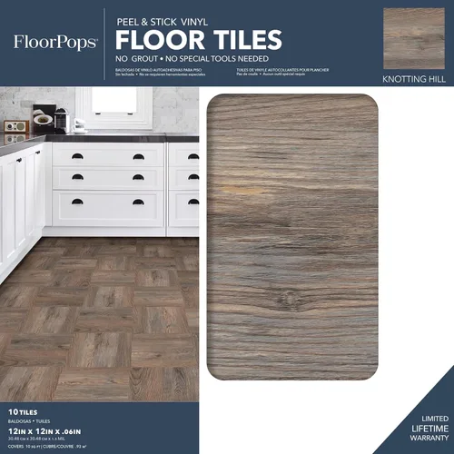 Vista 2 de FloorPops FP3323 Knotting Hill - Azulejos para suelo Peel & Stick, color marrón