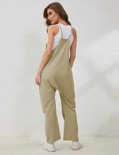 Vista 5 de Lentta Overol casual para mujer, con cuello en V, sin mangas, con tirantes elásticos y ajustables, con bolsillos