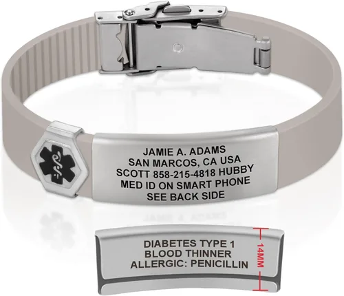 Vista 57 de Divoti Pulsera de identificación de alerta médica grabada personalizada, grabado láser de doble cara (hasta 9 líneas), pulsera de silicona ajustable