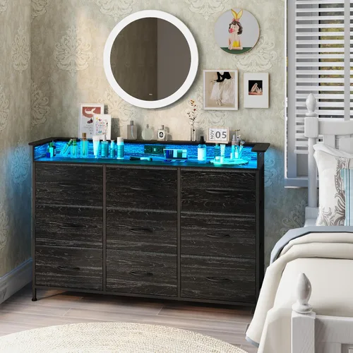 Vista 9 de EXOTICA Cómoda negra con estación de carga, 9 cajones con luz LED y puertos USB, cómoda de tela para dormitorio, pasillo, entrada, armarios, marco