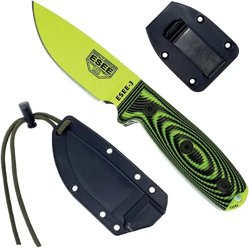 ESEE -3 1095 acero al carbono, funda negra (hoja verde venom, verde neónnegro G-10 mango 3D)