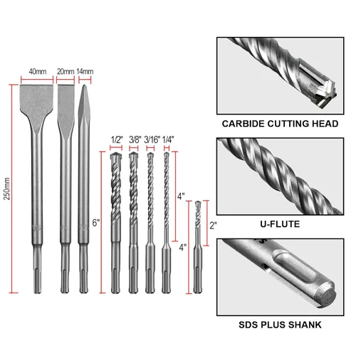 Vista 2 de SALI Juego de brocas de martillo giratorio SDS Plus de 8 piezas, kit de brocas para hormigón, material de carburo de doble rosca tipo cruz, adecuado
