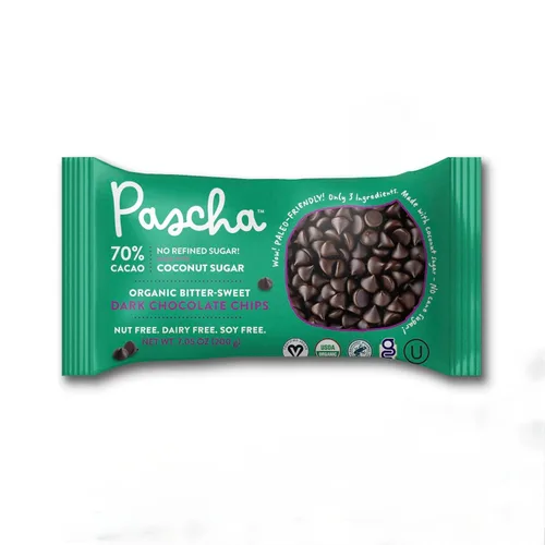 Pascha Chips orgánicos para hornear con 70 % cacao, chocolate amargo negro con azúcar de coco, vegano, sin OMG, certificado Rainforest Alliance, sin