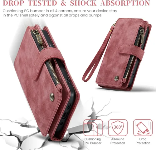 Vista 5 de CaseMe - Funda tipo cartera para iPhone 15 Pro, multifunción, hecha a mano, de piel sintética, con cremallera, a prueba de golpes, con cierre