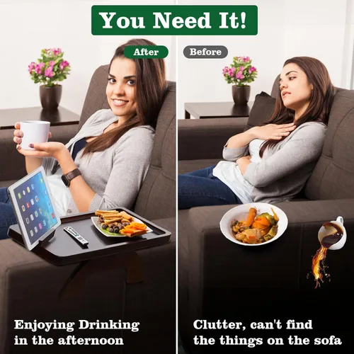 Vista 9 de Mesa auxiliar con clip para mesa auxiliar, mesa de sofá BAMBOOTRAY para sofás anchos, bandeja para reposabrazos de sofá para espacios pequeños, mesa