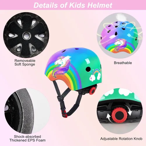 Vista 3 de Casco de bicicleta para niños, cascos de niños de 5 a 8 años con pegatinas DIY, juego de rodilleras y coderas para niños, cascos de unicornio