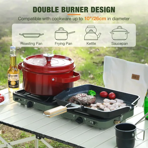Vista 4 de Estufa de camping de propano de 2 quemadores, estufa de gas plegable portátil para acampar con 17200 BTU, dos quemadores ajustables con mango