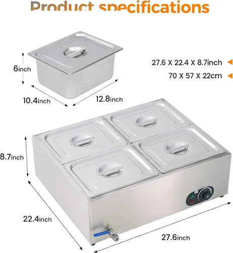 Vista 6 de Calentador de alimentos comercial de 4 bandejas, mesa de vapor eléctrica, de acero inoxidable, 46 cuartos de galón, calentador de alimentos