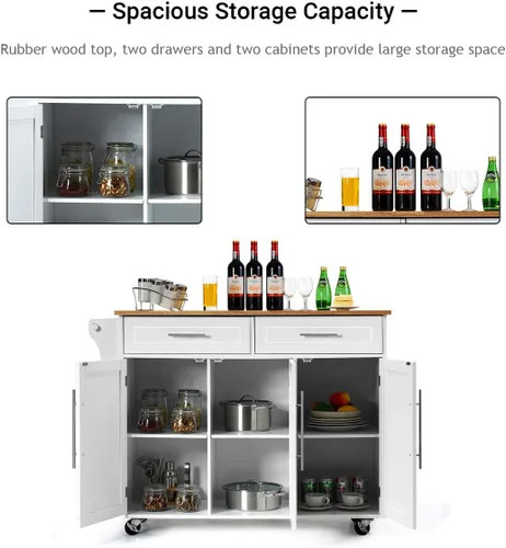 Vista 4 de Giantex Carrito de isla de cocina con ruedas con ruedas, 2 cajones, armario de 3 puertas, mango de toalla, bloque de cuchillos para comedor