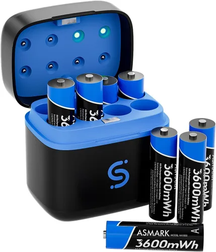 ASMARK Paquete de 8 baterías AA recargables con cargador de modo dual para baterías de litio y NiMH 3600mWh de alta capacidad AA Li-ion