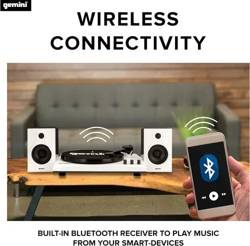 Vista 2 de Gemini Sound TT-900-Tocadiscos de 3 velocidades con Bluetooth, altavoces estéreo de 2 vías y ajuste de tono (blanco)