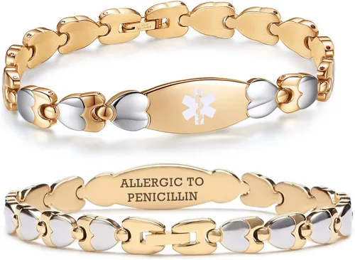 Vista 50 de LinnaLove Pulsera de identificación médica de doble corazón para mujeres 7 1/2 pulgadas de acero inoxidable de moda pulseras de alerta médica