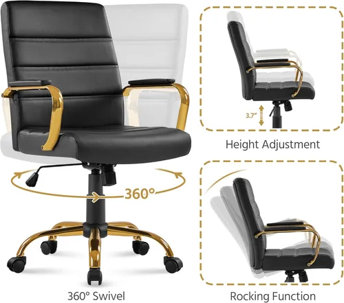 Vista 8 de Topeakmart Silla de escritorio de oficina Silla ejecutiva de cuero sintético ajustable con marco dorado asiento negro