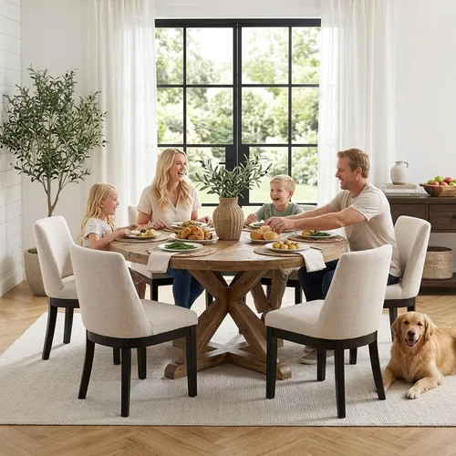 Vista 8 de HNY Juego de 6 sillas de comedor de lino beige, sillas de comedor tapizadas Beige Negro