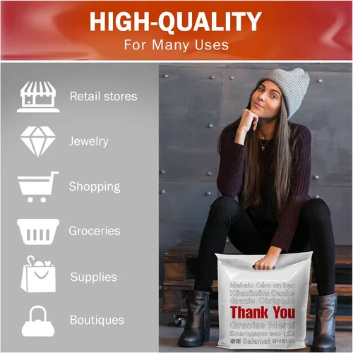 Vista 3 de White Thank You Merchandise - Bolsas de plástico para compras – Paquete de 100 bolsas de plástico de 20 x 20 pulgadas de grosor con asas troqueladas