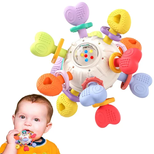 Sonajero Montessori para bebé y juguetes para dentición - Seguro, multifuncional, libre de BPA, silicona sensorial para aprendizaje, mordedor para