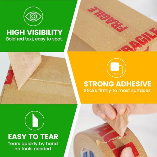 Vista 4 de ADHES - Cinta frágil, cinta de papel kraft biodegradable, 2 pulgadas x 55 yardas, 3 rollos, adhesivo fuerte, cinta de embalaje de papel ecológica