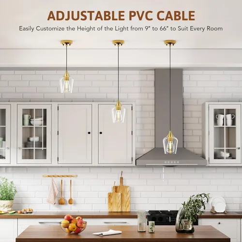 Vista 2 de VONLUCE Lámpara Colgante de Isla de Cocina, Lámpara Colgante de Oro Cepillado con Base E26 y Cable Ajustable, Iluminación Colgante Moderna