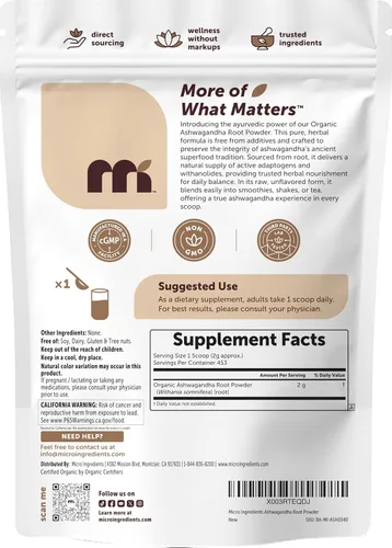 Vista 6 de Micro Ingredients Polvo de Raíz de Ashwagandha Orgánico 2 Libras, Sin Relleno, Sin Aditivos, Altamente Purificado Con Withanolidos Activos