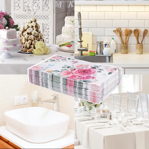 Vista 5 de Nanaborn Servilletas de papel florales 60pcs Desechables Flor Decoupage Rosa