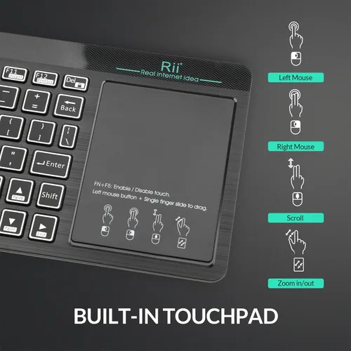 Vista 3 de Rii RT518S - Teclado multifuncional inalámbrico y Bluetooth con retroiluminación de 2 LED de color, modo dual, trackpad multitáctil de gran