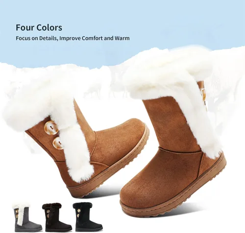 Vista 5 de Obtaom Botas de nieve de invierno para mujer con forro de piel cortas a media pantorrilla botas de moda con botón de resina botas de gamuza sintética