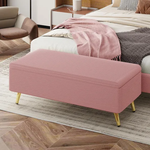 Moderna otomana tapizada de pana con patas de metal, banco de almacenamiento para dormitorio, sala de estar (rosa-86Q)