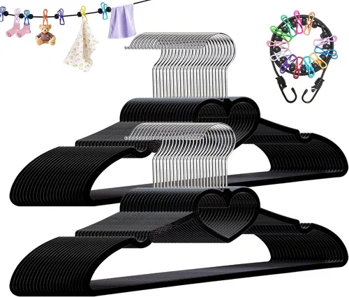 Vista 16 de perchas de plástico, paquete de 20 unidades, perchas negras delgadas y ultrafinas que ahorran espacio - Lindas perchas con gancho giratorio de 360