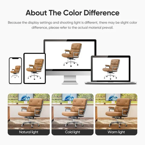 Vista 4 de Silla de oficina de cuero genuino, sillas de escritorio ejecutivas con respaldo medio con brazos y ruedas de aluminio, silla giratoria de cuero