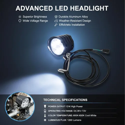 Vista 4 de Faro delantero Ebike de 3 pines - PSLER 36V-72V barra de luz para bicicleta, luz delantera de bicicleta eléctrica con bocina