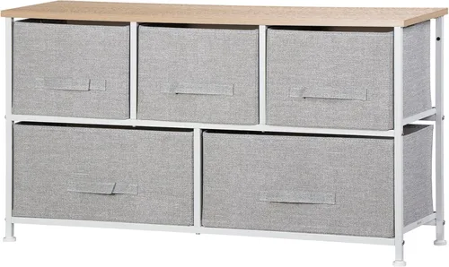 Vista 26 de Cómoda de tela con 5 cajones para almacenamiento, baúl de tela con cesta profunda, marco de acero resistente y parte superior de madera, Gris claro