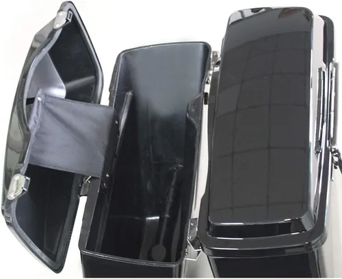 Vista 4 de ZXMOTO Vivid Black 4" 2-into-1 Left Side No Cutout Extended Stretched Saddlebags with Lids Fits For 1993-2013 HD Touring Models, Road King, Road