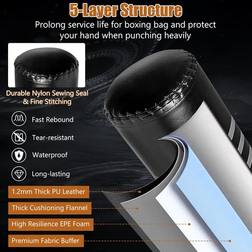 Vista 4 de GYMAX Saco de boxeo, 70 pulgadas, 220 libras, bolsa de boxeo independiente precargada con guantes y base de ventosa para adultos, bolsa