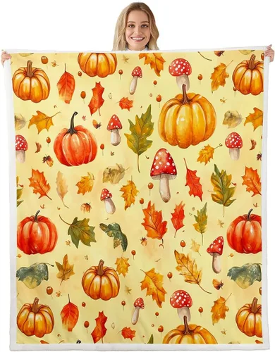 Manfei Autumn Kids Throw Blanket Pumpkin Maple Leaf Mushroom Print Fuzzy Blanket for Boys Girls Adults, Fall Theme Blanket for Bed Couch Sofa, Soft