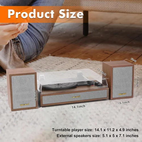 Vista 9 de Tocadiscos de vinilo con altavoces externos para estantería, 33-1/3, 45, 78 RPM, tocadiscos estéreo Bluetooth vintage para discos de vinilo, sistema