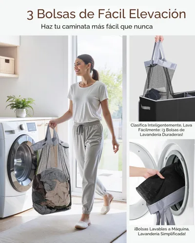 Vista 5 de SOLEDI Cesta de ropa sucia de 180L de 3 secciones, cesta de ropa sucia extra grande con tapa, cesta de ropa sucia con asa resistente, organizador