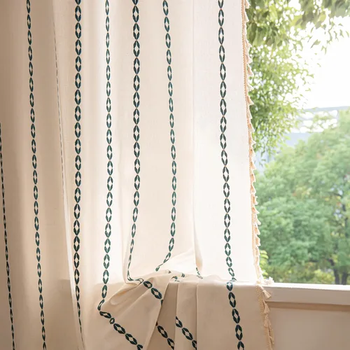 Vista 55 de Sutuo Home Cortinas de puerta francesa para puerta de patio, cortinas de lino semiopacas bohemias con borlas, tiras de granja a cuadros, decoración