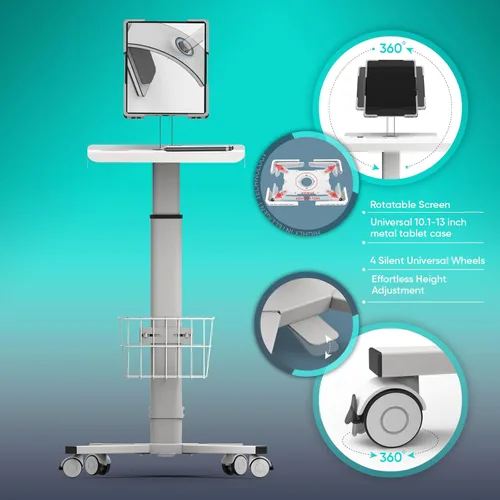 Vista 5 de Carrito médico con ruedas ajustable: estación de trabajo móvil neumática con carcasa para iPad de 9.7-13" y tableta - Ideal para oficina de clínica