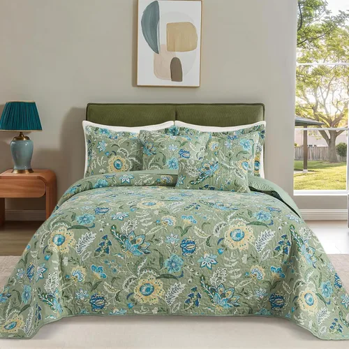 Vista 26 de BEDIFANY Edredón de algodón tamaño Queen, colcha ligera tamaño Queen, color verde azulado, colchas acolchadas, juegos de ropa de cama