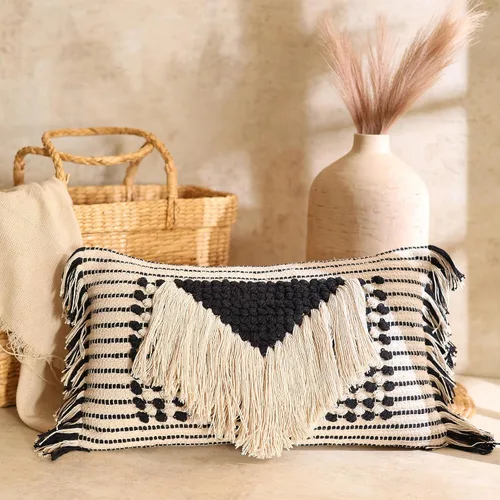 Funda de almohada decorativa bohemia chic tejida a mano de algodón con mechones, almohadas decorativas neutras para sillón, sofá o cama, decoración
