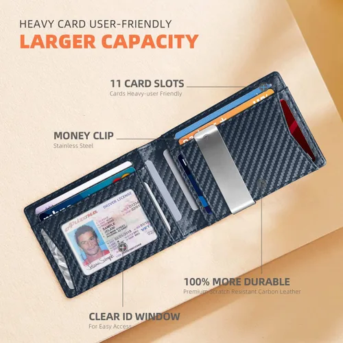 Vista 2 de RUNBOX Billeteras de hombre Slim RFID Bloqueo de dinero Clip de cuero con caja de regalo, Azul carbón, Moderno