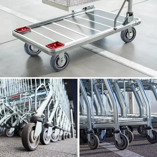 Vista 7 de Paquete de 4 ruedas de repuesto para carrito de compras, ruedas de 5 pulgadas de diámetro con pernos de ejes, cara escalonada de poliuretano y banda