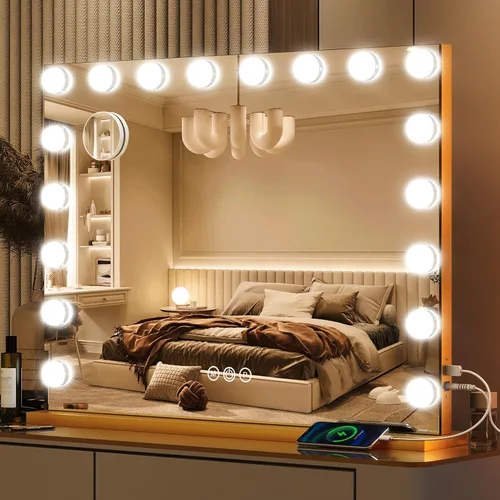 Vista 27 de ROLOVE Espejo de tocador con luces, espejo de maquillaje LED de 12.6 x 15 pulgadas, espejo de maquillaje iluminado con luces, control táctil