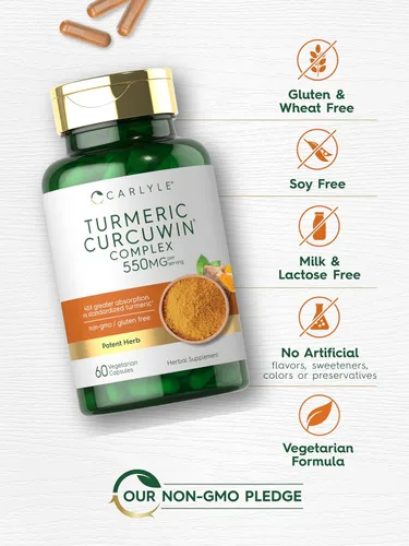 Vista 5 de Carlyle Curcumina de cúrcuma de 550 mg 60 cápsulas vegetarianas Alta absorción con 95% de curcuminoides y extracto de CurcuWin Suplemento sin