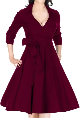 Vista 6 de Miusol - Vestido de diseño clásico vintage para mujer, con escote en V profundo, cinturón con lazo, estilo casual acampanado
