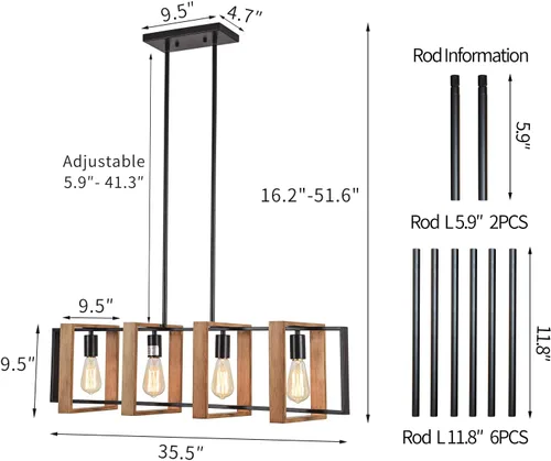 Vista 2 de Lámpara colgante de comedor de granja, para isla de cocina, rústica, 4 luces, madera y metal negro, lámpara rectangular para colgar en el techo